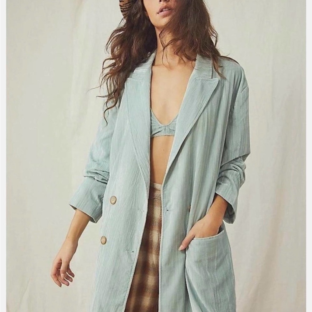 Free People Misty Green Double-Breasted Long Blazer